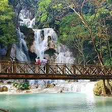 Kuang Si Waterfall in winter, pure fresh turquoise